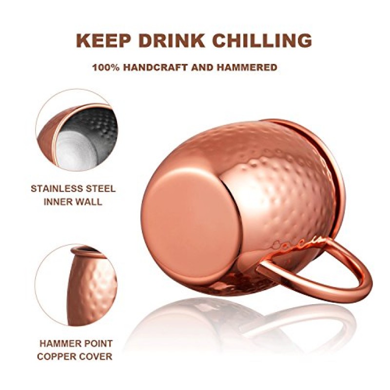 Moscow Mule Mugs Set, Coupelles en cuivre Mule Moscow avec doublure en