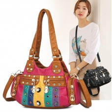 Mode rétro une épaule femmes sac messenger sac contraste couleur coutures véritable sac en cuir lavé