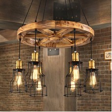 Lustre moderne en abat-jour en fer avec suspension ronde en bois Bar Industriel