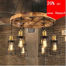 Lustre moderne en abat-jour en fer avec suspension ronde en bois Bar Industriel