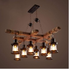 Lustre vintage en bois de style industriel à 8 têtes - Qualité supérieure - Design personnalisé
