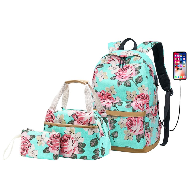 Sac à Dos Scolaire Sacs à Dos de Toile+Sac de Stylo,Sac à Dos pour Ordinateur Portable avec Chargement USB pour l’Adolescent l’Étudiant pour l/'école Le Voyage Les Loisirs